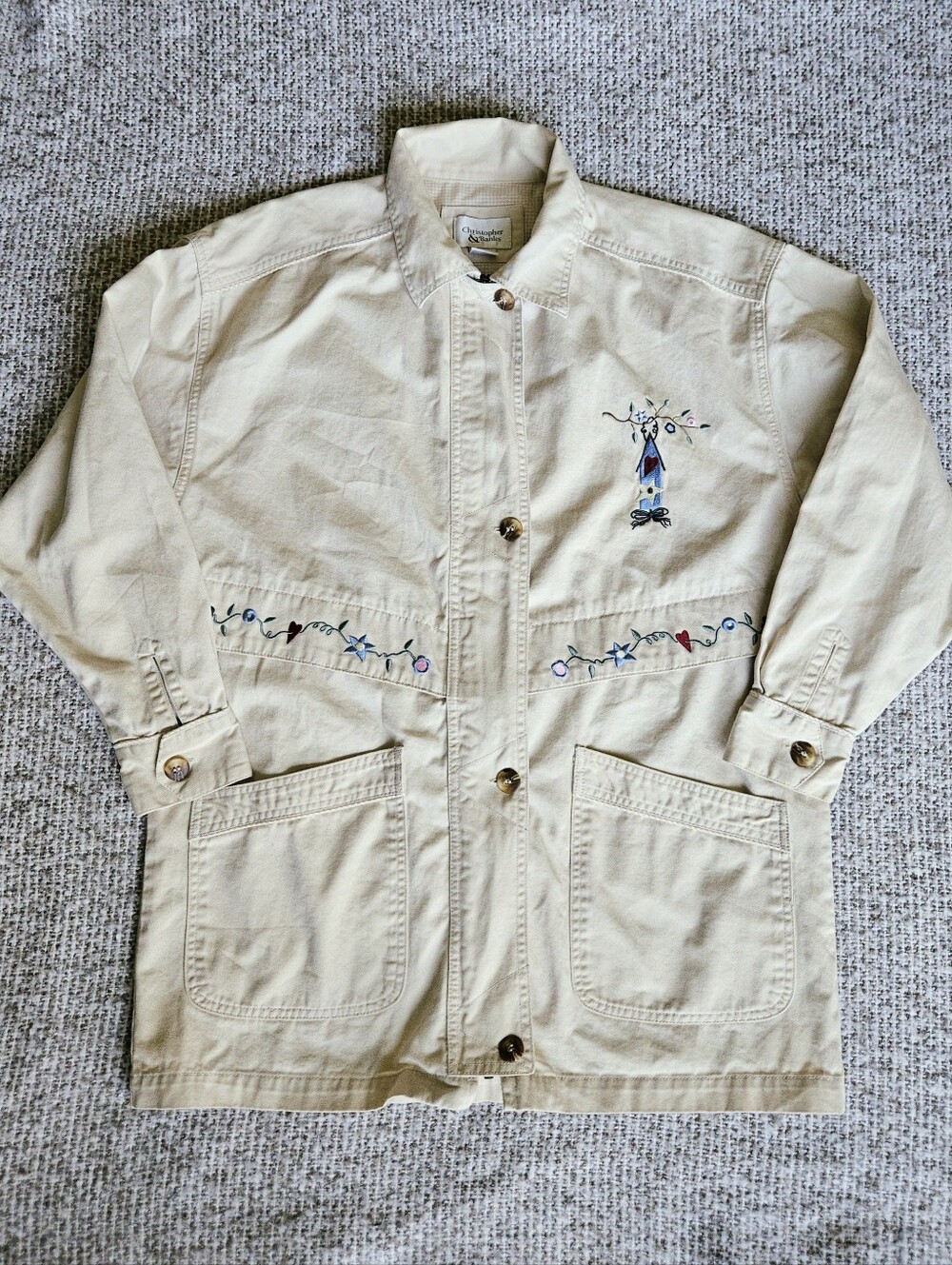 Vintage 1999 Christopher & Banks Barn Jacket M Embroidered Birdhouse Cottagecore